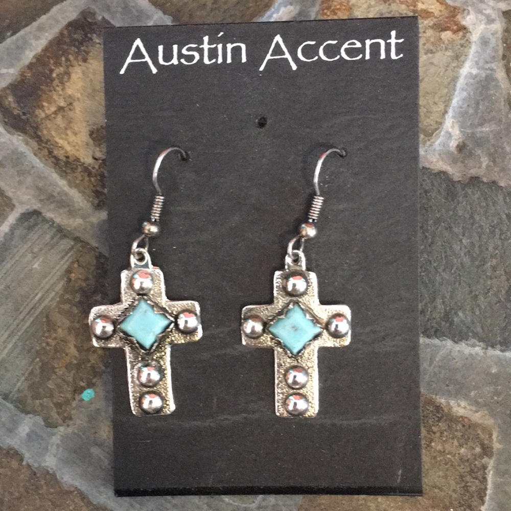 BNWT dangle cross earrings with turquoise accent